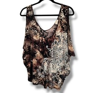 Daytrip Womens Snakeskin Filigree Rhinestone Cold Shoulder Top Brown Size Small